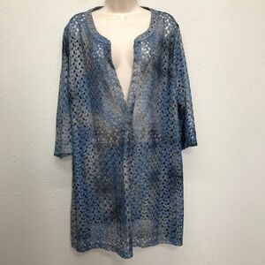Catherines Blue Gray Crochet Tunic Open Weave Topper Size 1X Pullover 3/4 Sleeve